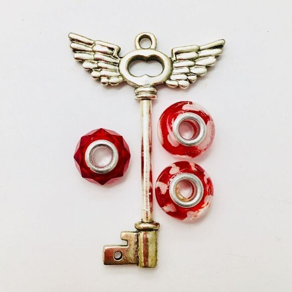 European Beads Key Wings Charm Necklace or Keychain Pendant red silver 1027 - Picture 3 of 4